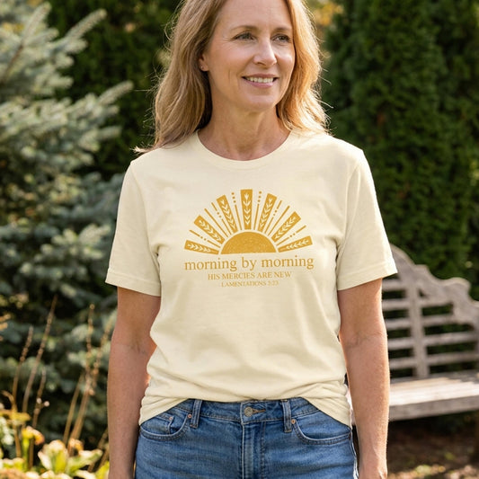 A Christian sunrise tee inspired by Lamentations 3:23. A reminder of God’s new mercies for mornings that need a fresh start.