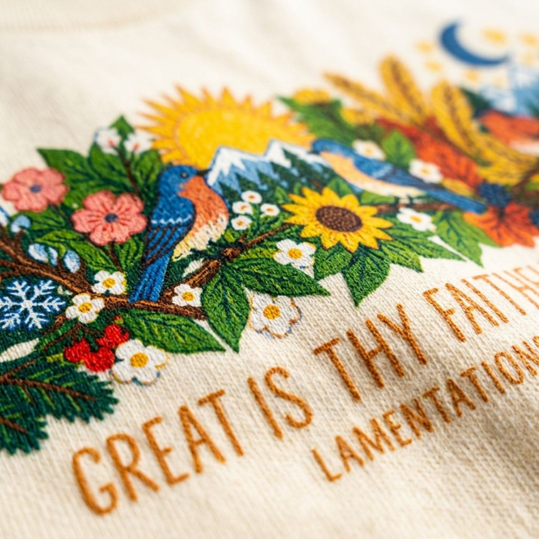 tee with colorful birds, flowers, evergreens, mountains, snowflakes, sun, moon, and the words “Great Is Thy Faithfulness” and “Lamentations 3:23.”
