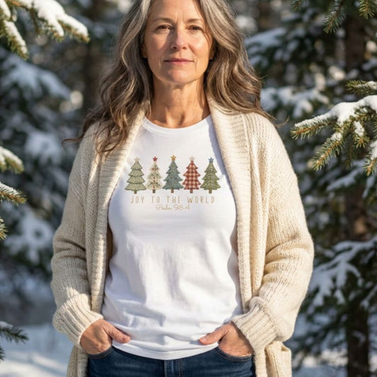 Christian Christmas tee with five decorative Christmas trees in a printed faux embroidery style, with Joy to the World and Psalm 98:4 below.