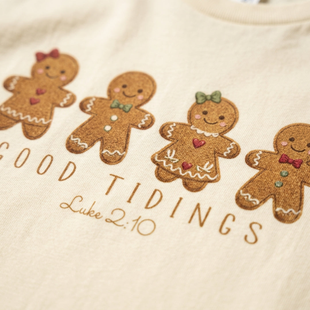 Close-up of a cream-colored garment featuring embroidered gingerbread men and the text 'GOOD TIDINGS Luke 2:10' in brown