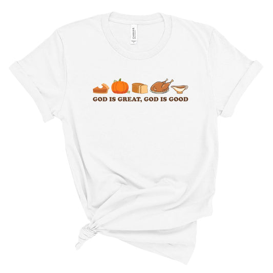 Thanksgiving themed tshirt that says God is Great, God is good with food icon images