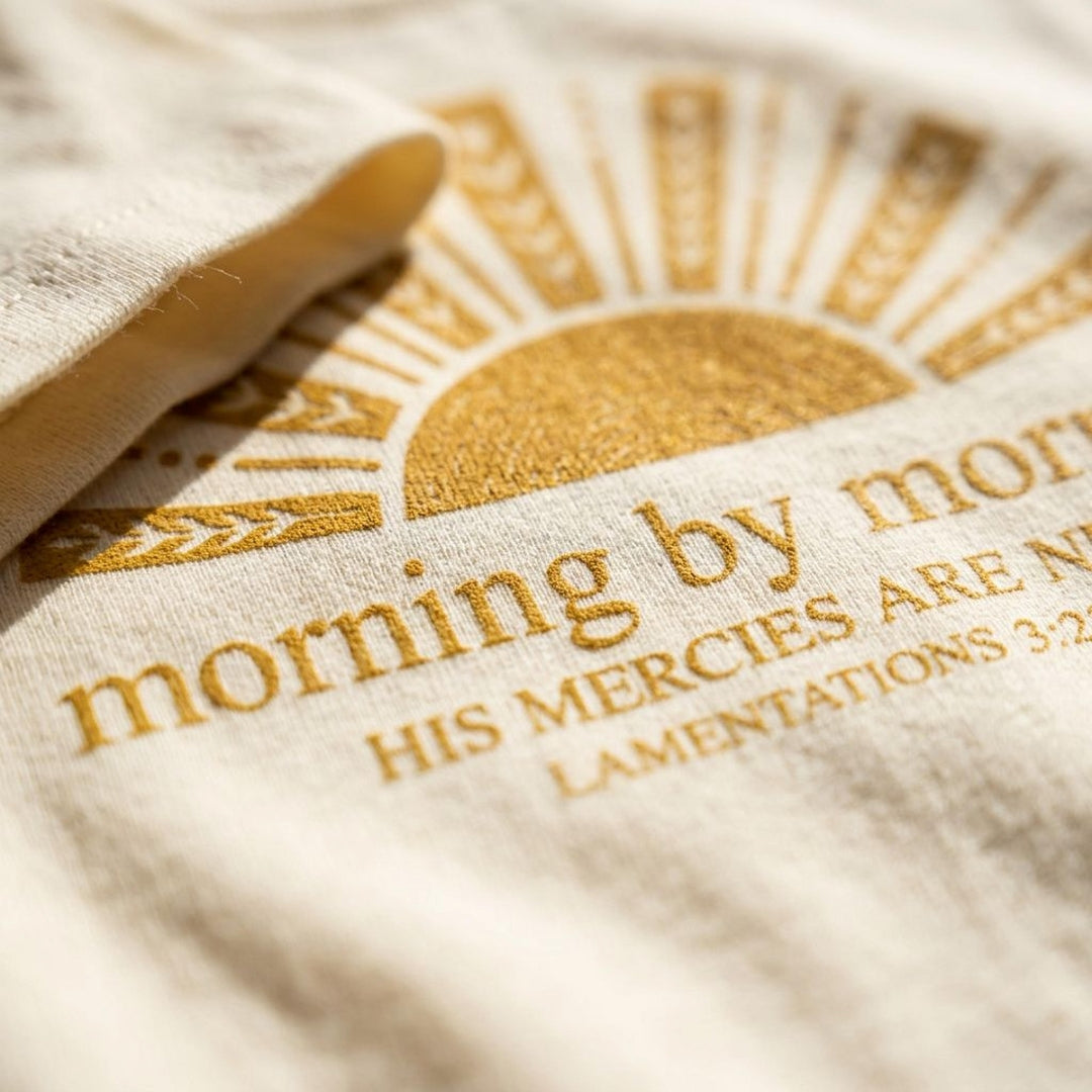 A Christian sunrise tee inspired by Lamentations 3:23. A reminder of God’s new mercies for mornings that need a fresh start.