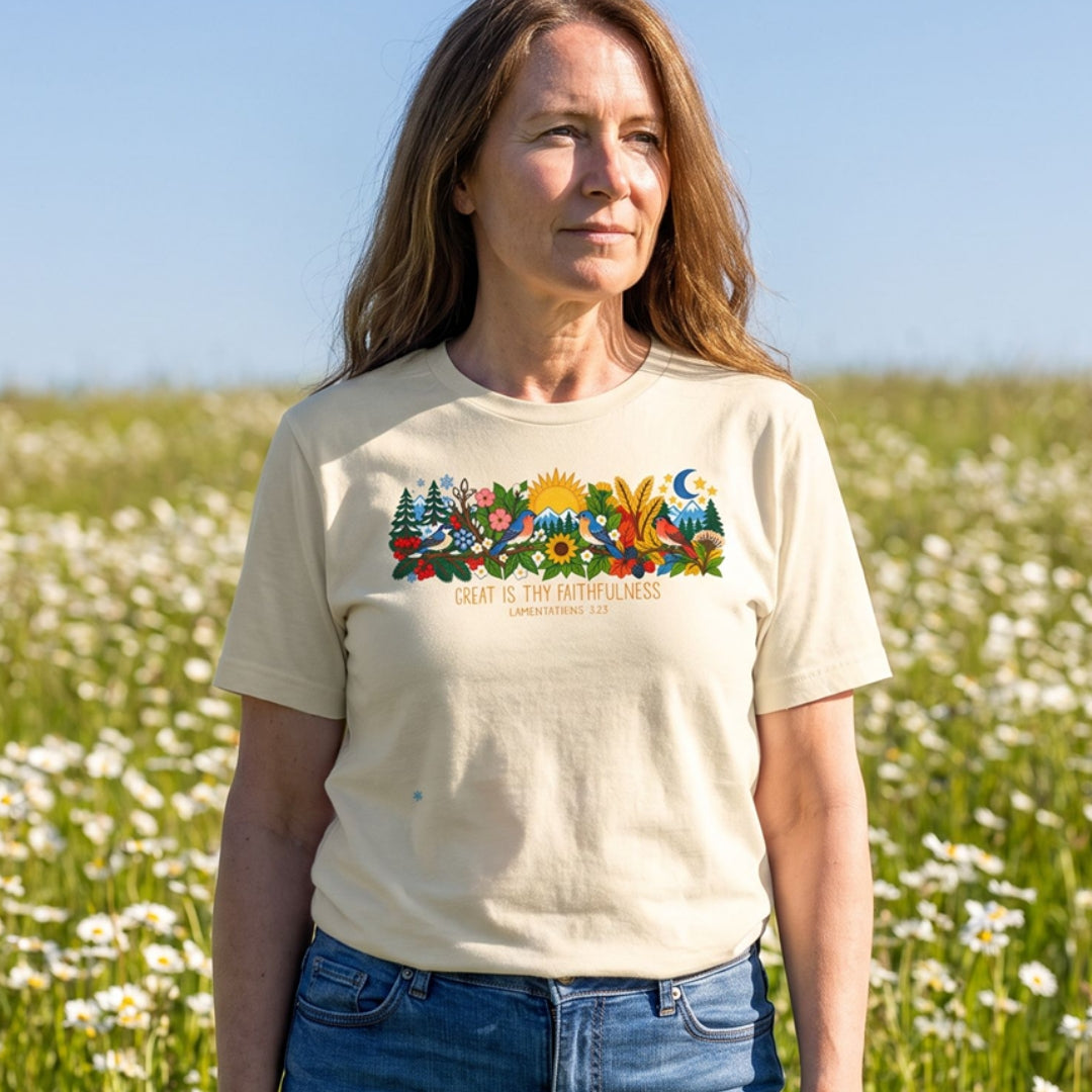 tee with colorful birds, flowers, evergreens, mountains, snowflakes, sun, moon, and the words “Great Is Thy Faithfulness” and “Lamentations 3:23.”