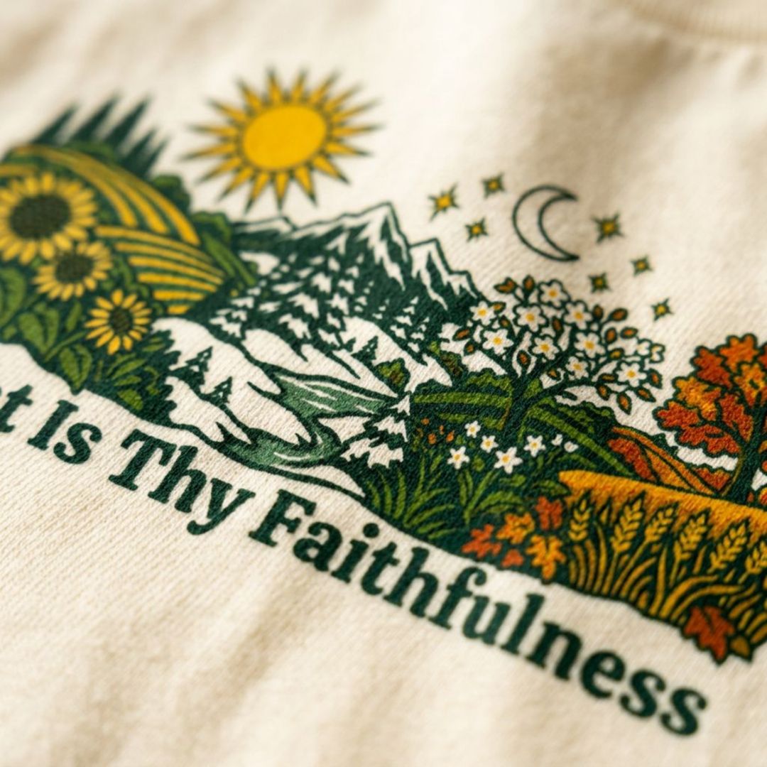 tee with colorful birds, flowers, evergreens, mountains, snowflakes, sun, moon, and the words “Great Is Thy Faithfulness”