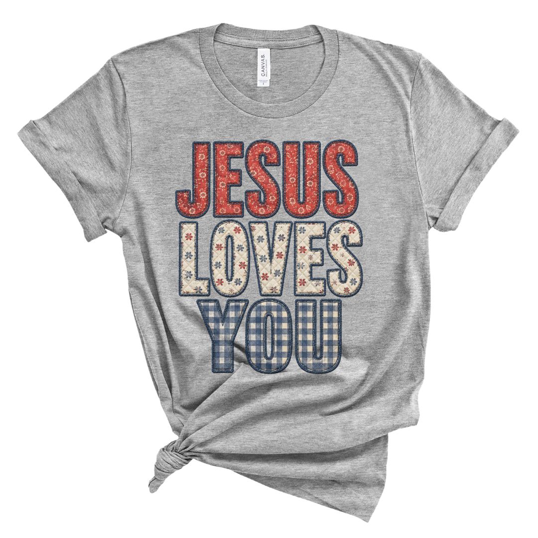 Jesus Loves You Faux Embroidery Tee