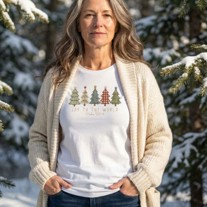 Christian Christmas tee with five decorative Christmas trees in a printed faux embroidery style, with Joy to the World and Psalm 98:4 below.
