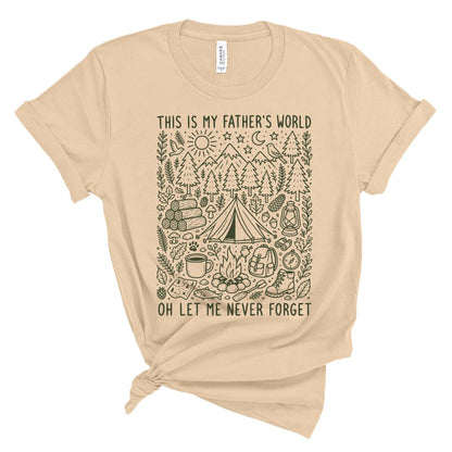 Christian t shirt for women featuring the hymn lyric "This Is My Father's World" with nature inspired illustrations including mountains, trees, birds, camping elements, and outdoor scenery.