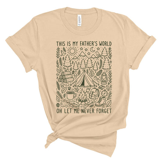 Christian t shirt for women featuring the hymn lyric "This Is My Father's World" with nature inspired illustrations including mountains, trees, birds, camping elements, and outdoor scenery.