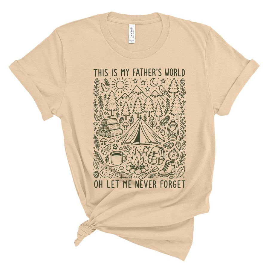 Christian t shirt for women featuring the hymn lyric "This Is My Father's World" with nature inspired illustrations including mountains, trees, birds, camping elements, and outdoor scenery.