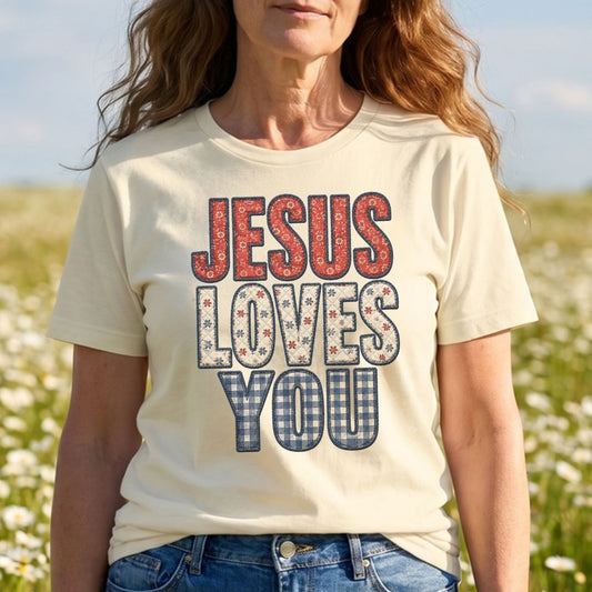 Jesus Loves You Faux Embroidery Tee