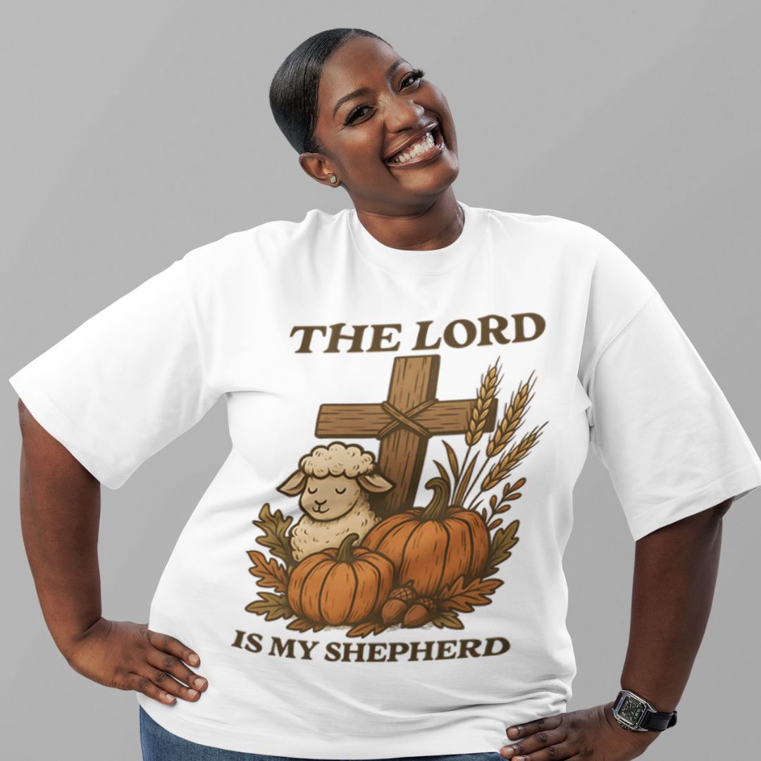 Woman wearing a white t-shirt with religious design and text on a gray background