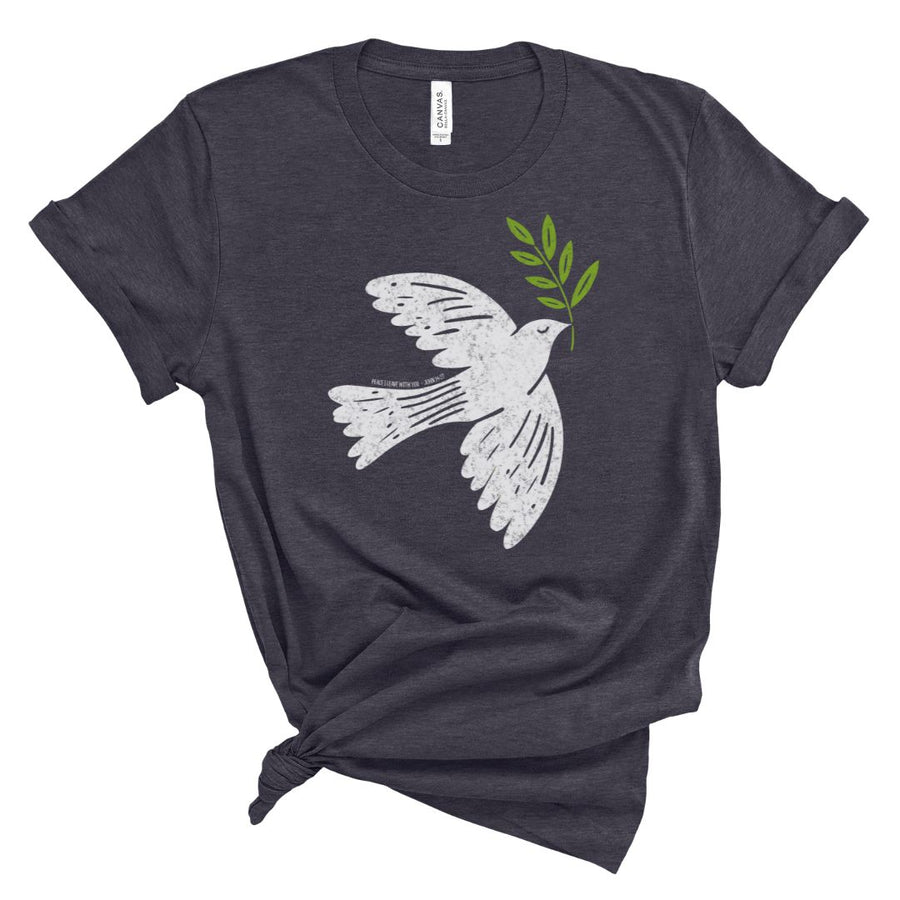 Christian t shirt with white dove carrying olive branch and the verse Peace I Leave With You John 14:27 printed on the design.