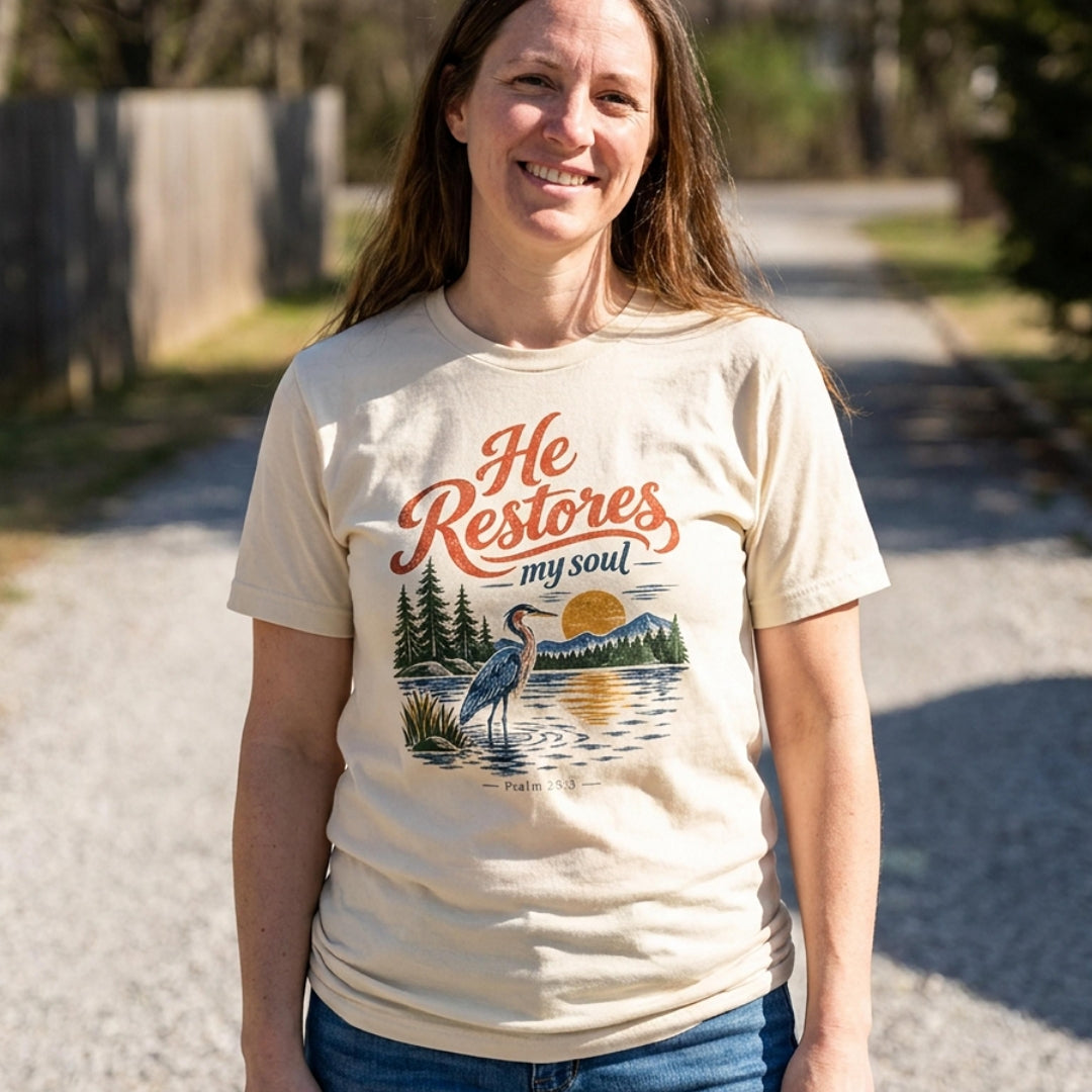 A woman wearing a cream-colored graphic t-shirt with the text 'He Restores my soul' and a nature scene print, standing on a gravel path outdoors.