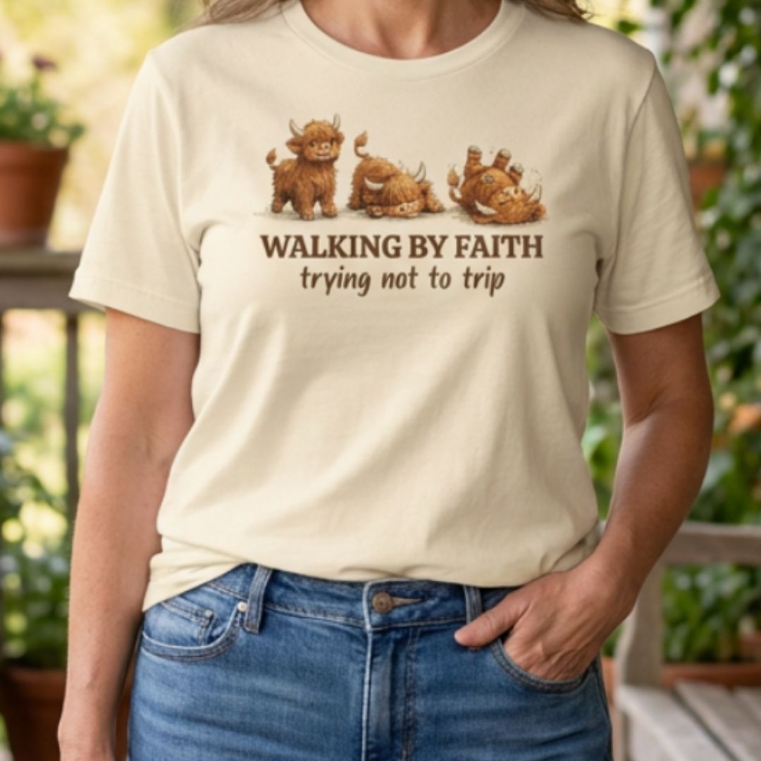Christian t shirt for women featuring three Highland cows with Walking by Faith, Trying Not to Trip text in brown.