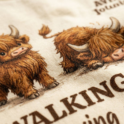 Close-up of a cream-colored fabric Christian t shirt for women featuring three Highland cows with Walking by Faith, Trying Not to Trip text in brown.