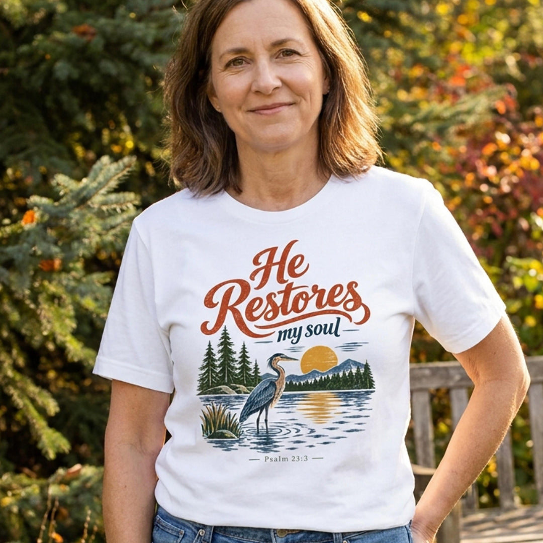 Christian T shirt with “He Restores My Soul,” Psalm 23:3, and a vintage heron, lake, mountain, evergreen, and sunset design.