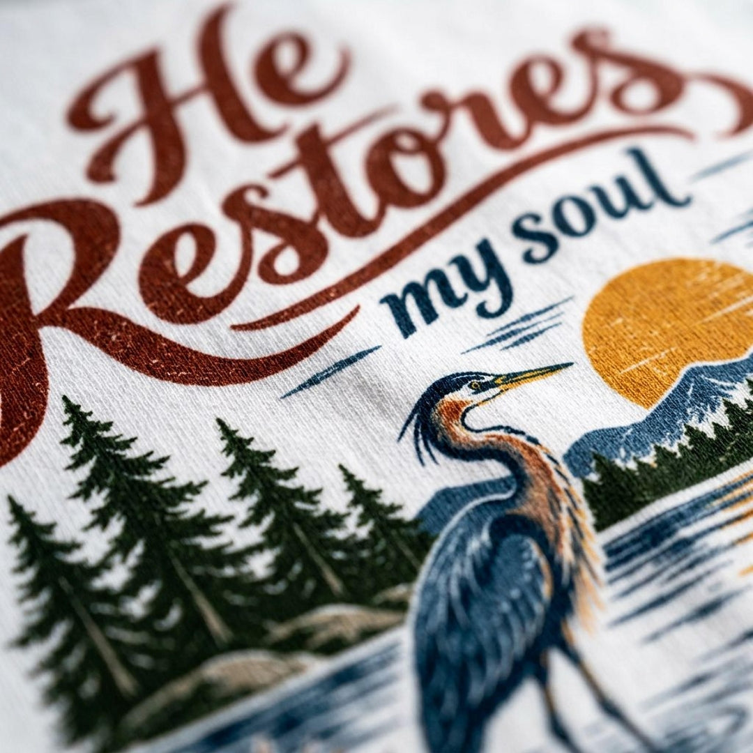 Close-up of a white fabric print featuring the phrase 'He Restores my soul' in brown and navy lettering, with a heron, pine trees, mountains, and a yellow sun.