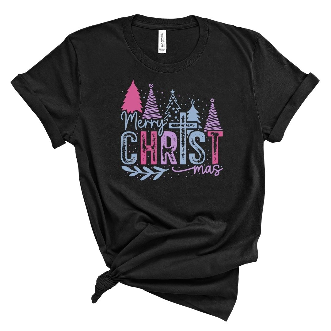 Black t-shirt with colorful 'Merry Christ mas' design on a white background