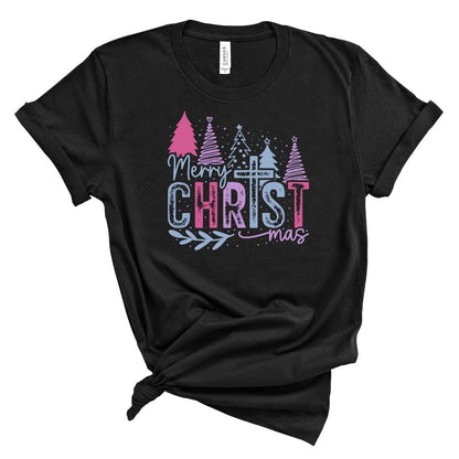 Black t-shirt with colorful 'Merry Christ mas' design on a white background