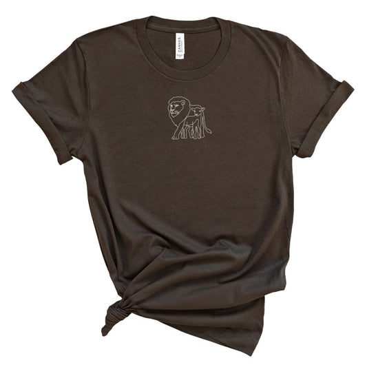 Minimalist Christian shirt with lion and lamb line art, symbol of Jesus’ strength and gentleness.