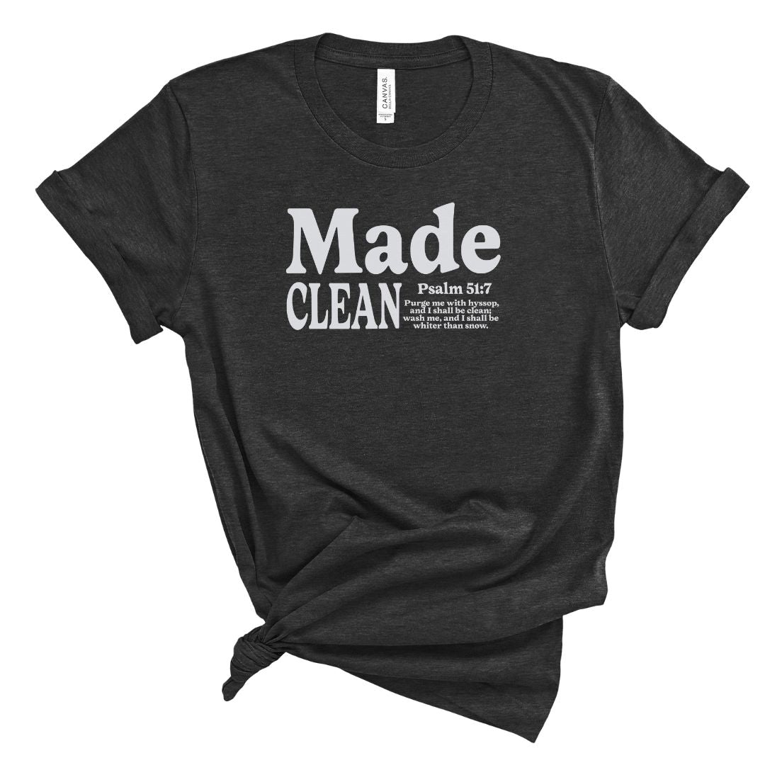 Black t-shirt for christian women with white text 'Made Clean' psalm 51:7