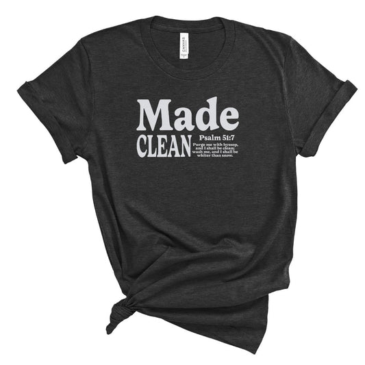 Black t-shirt for christian women with white text 'Made Clean' psalm 51:7