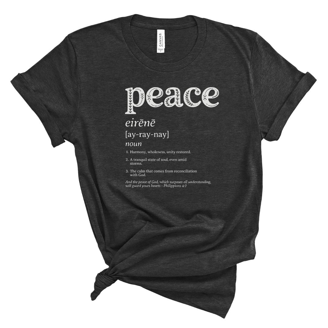 Black t-shirt with 'peace' definition text