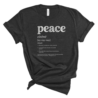 Black t-shirt with 'peace' definition text