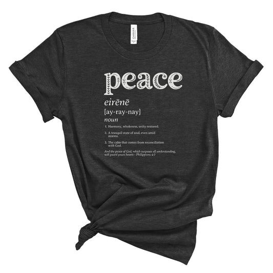 Black t-shirt with 'peace' definition text