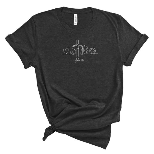 Christian shirt with cross, heart, and world line art inspired by John 3:16, symbolizing God’s love for the world.