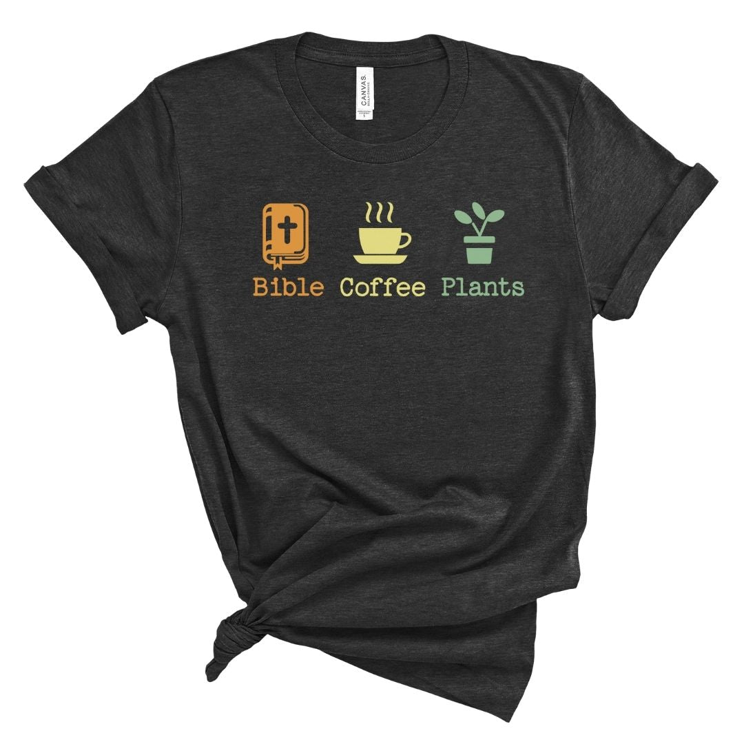 Dark gray t-shirt with icons and text 'Bible Coffee Plants' 