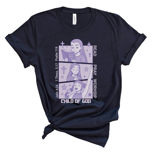 Navy blue t-shirt with purple graphic design that says read, pray, worship, child of God