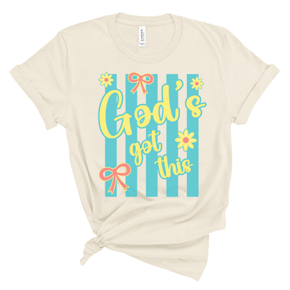 Christian t-shirt with God’s Got This phrase, colorful flowers and bows, bright summer faith shirt for women