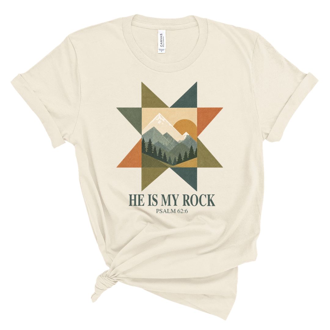 Christian t-shirt with mountain design and he is my rock Psalm 62:6 text, faith based shirt for women