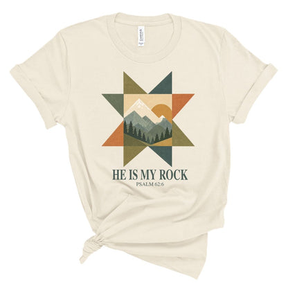 Christian t-shirt with mountain design and he is my rock Psalm 62:6 text, faith based shirt for women