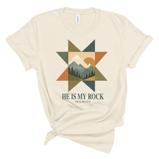 Christian t-shirt with mountain design and he is my rock Psalm 62:6 text, faith based shirt for women