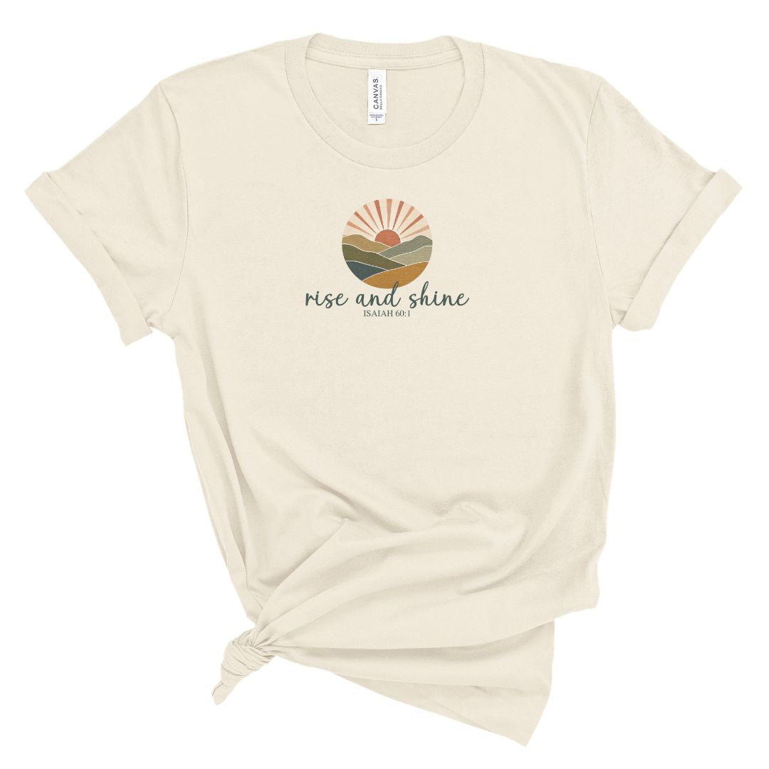 t-shirt with sunrise design and rise and shine Isaiah 60:1 text, Christian shirt for women with soft faith message