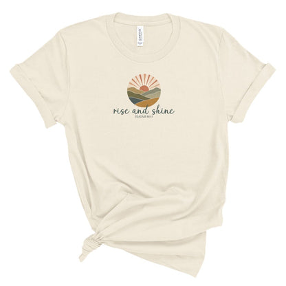 t-shirt with sunrise design and rise and shine Isaiah 60:1 text, Christian shirt for women with soft faith message