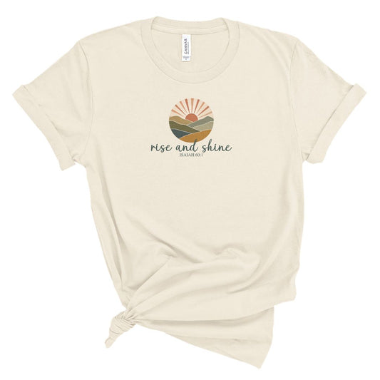 t-shirt with sunrise design and rise and shine Isaiah 60:1 text, Christian shirt for women with soft faith message