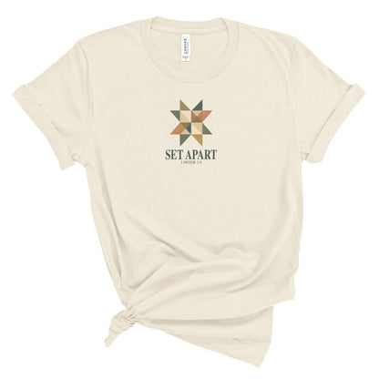 Christian t-shirt with geometric quilt design and set apart 1 Peter 2:9 text, modern faith shirt for women