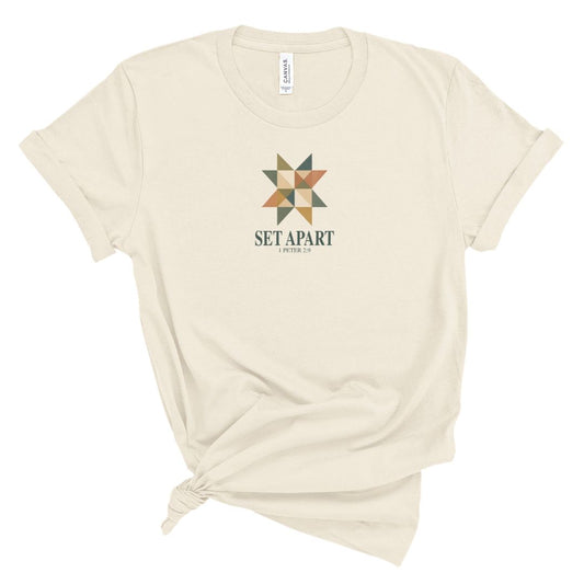 Christian t-shirt with geometric quilt design and set apart 1 Peter 2:9 text, modern faith shirt for women