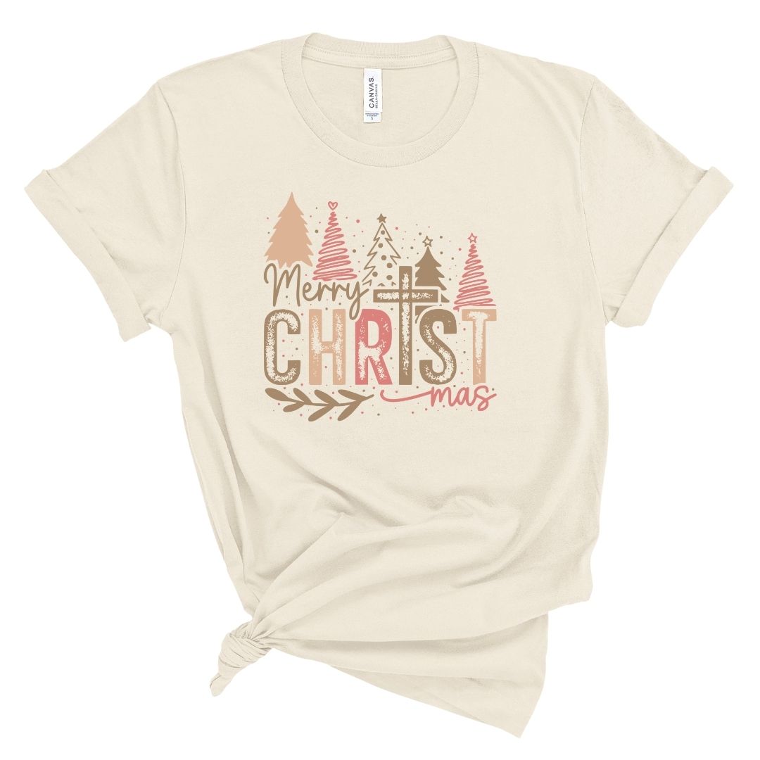 Beige t-shirt with 'Merry Christmas' text and Christmas tree design and Christian cross on a white background