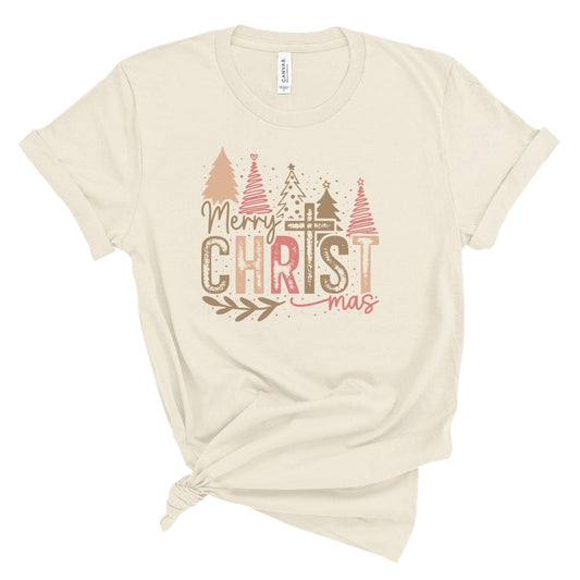 Beige t-shirt with 'Merry Christmas' text and Christmas tree design and Christian cross on a white background