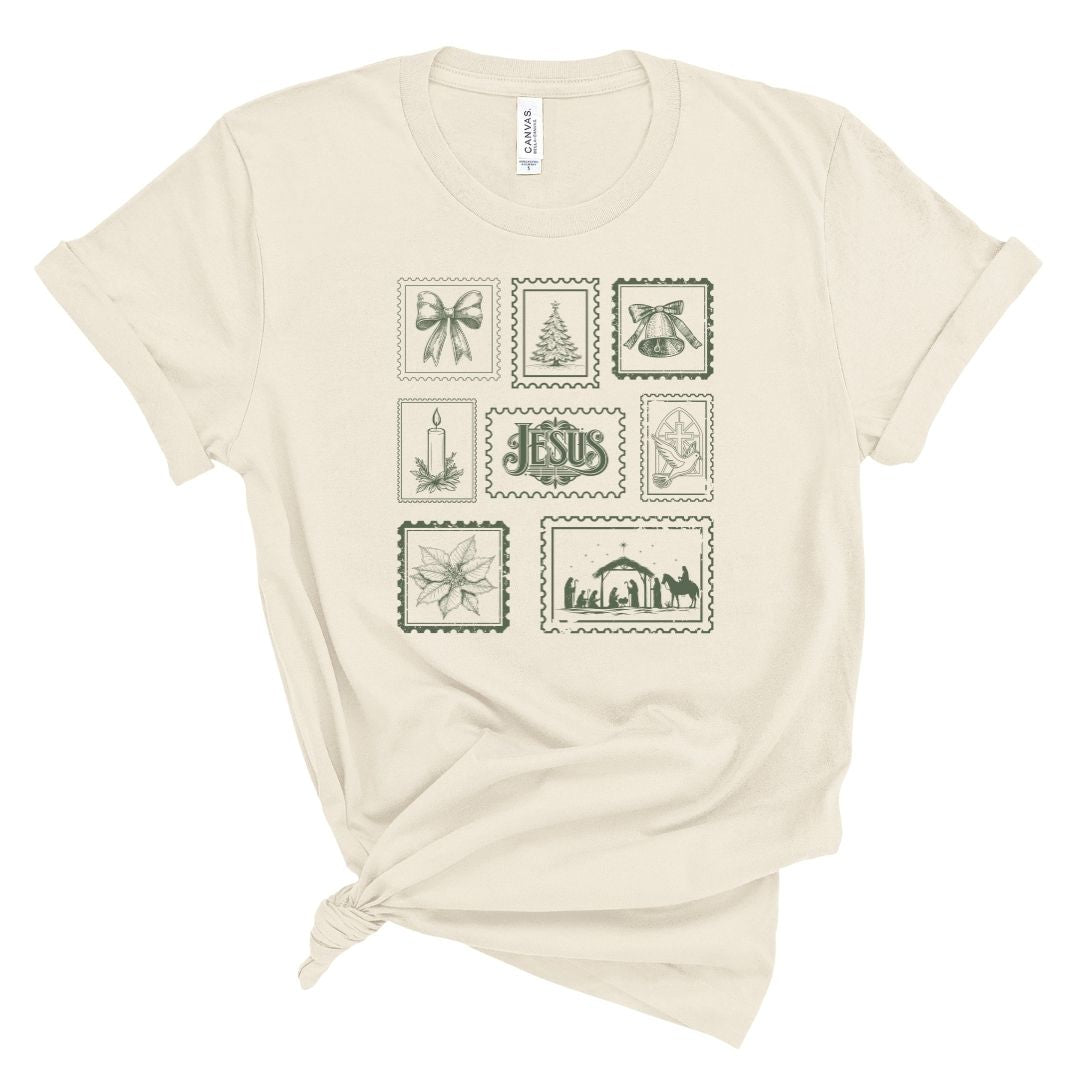Beige t-shirt with Christian Christmas-themed graphics that look like vintage stamps 