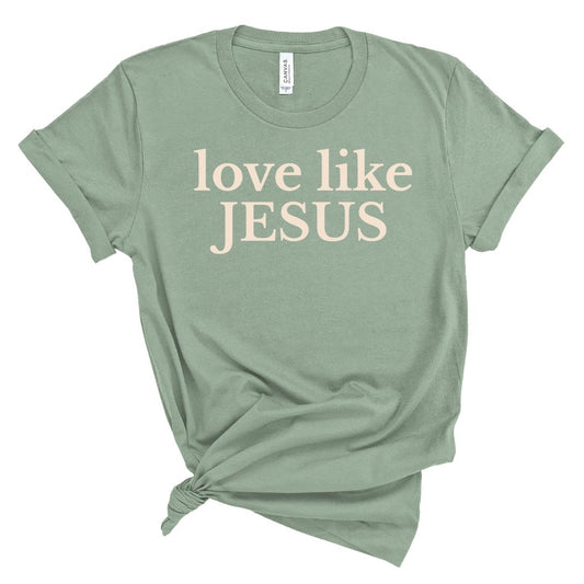 Green t-shirt with 'love like JESUS' text on a white background