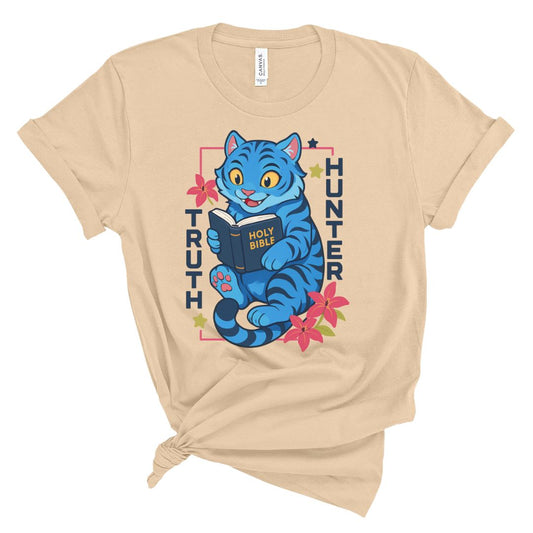 Beige t-shirt with a blue tiger graphic holding a Bible, surrounded by flowers and text on a white background.