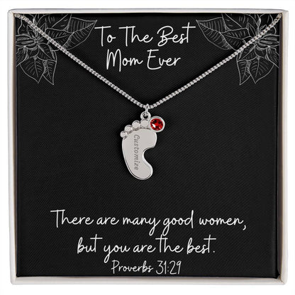 Engraved Baby Feet Necklace with Birthstones