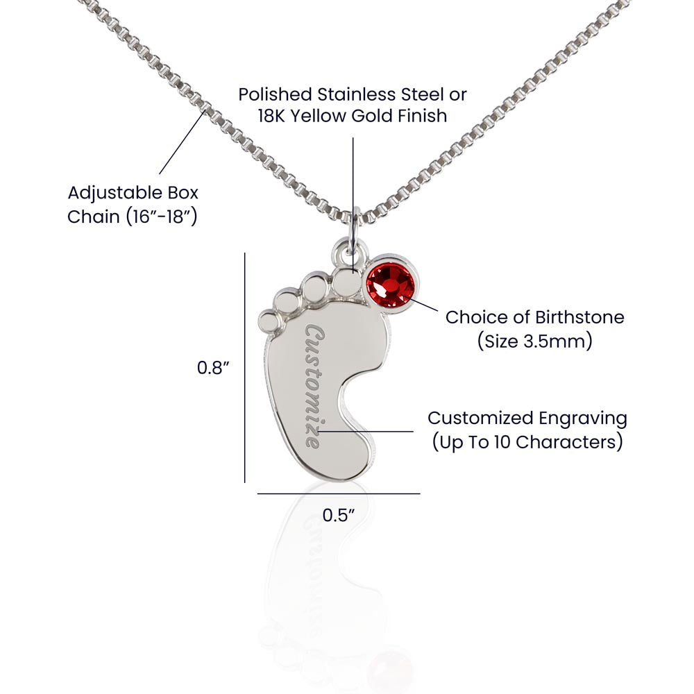 Engraved Baby Feet Necklace with Birthstones