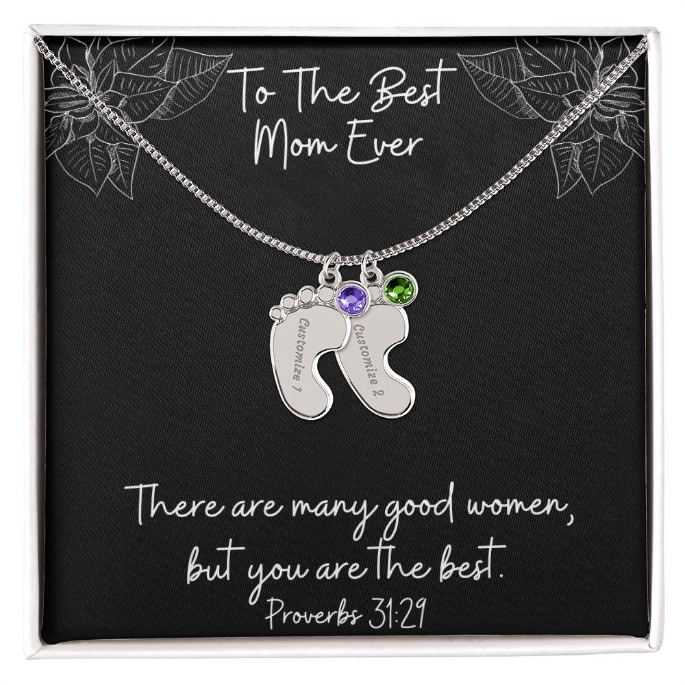 Engraved Baby Feet Necklace with Birthstones