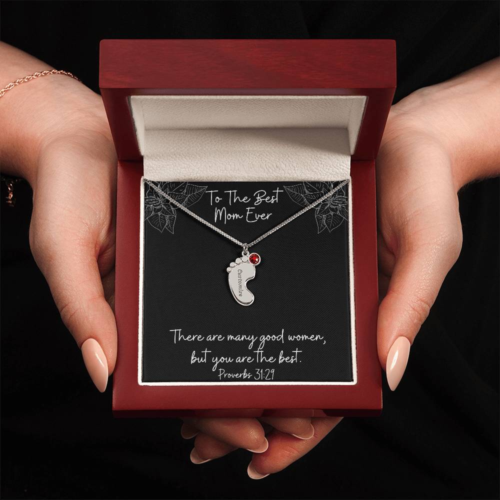 Engraved Baby Feet Necklace with Birthstones